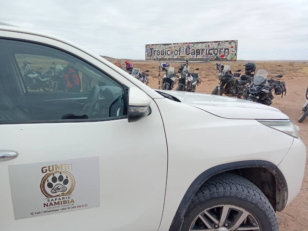 The safari vehicle on a mountain pass in Namibia